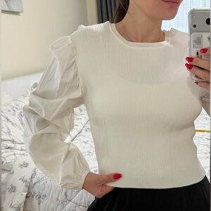Forever 21 White Ribbed Blouse with Puff Sleeves